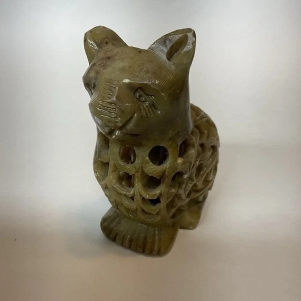 VTG Hand Carved Green Olive Cat w. kitten in the Belly Figurine Charm 5